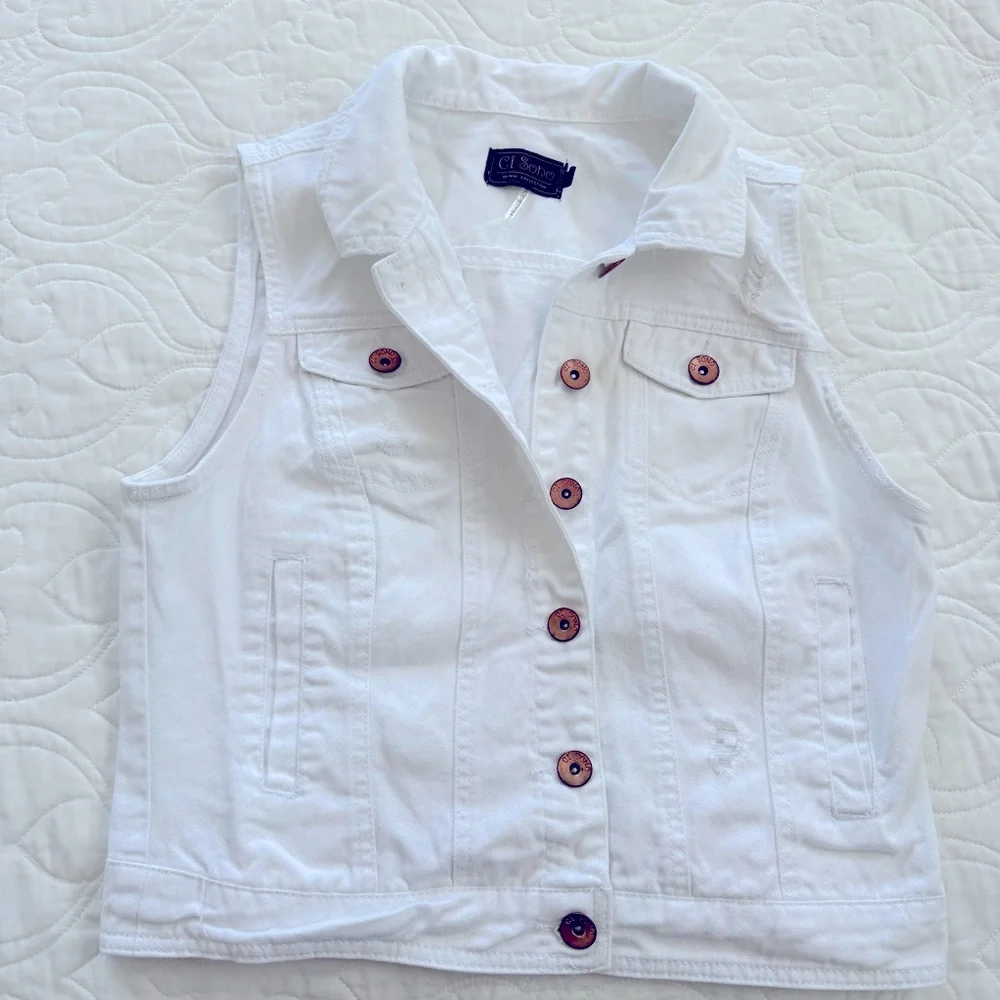 Ci Sono White Distressed Cotton Denim Jean Vest Button Details Women’s Large EUC - Picture 3 of 13